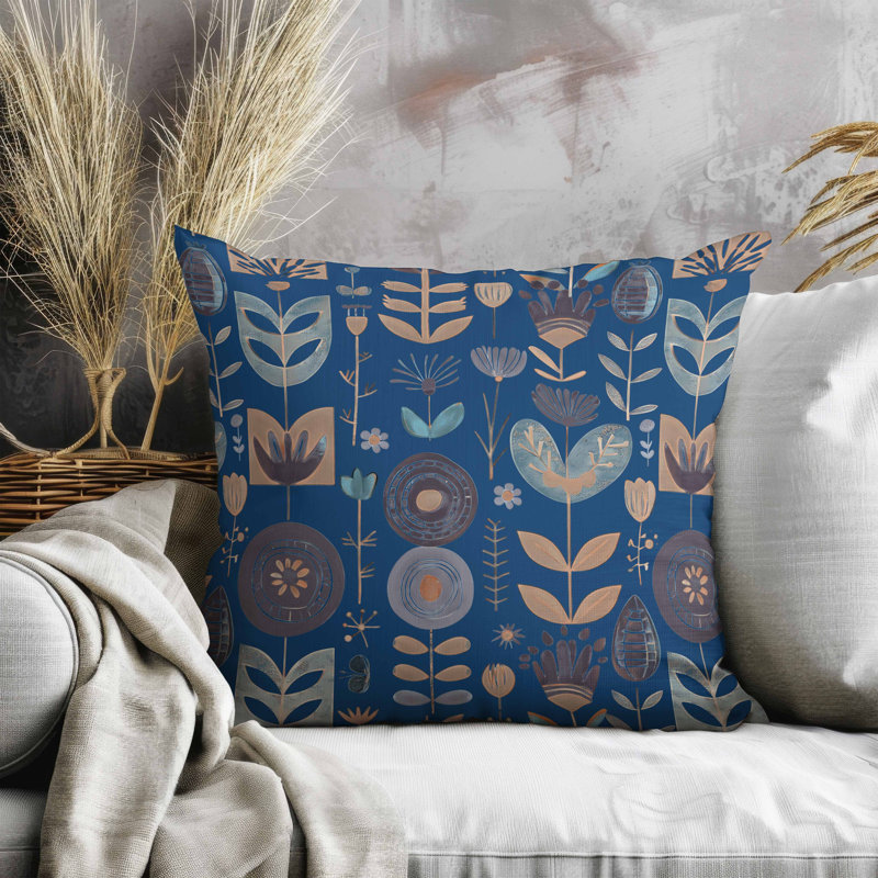 Coussin en suède Baltic Blossoms, Carré 20 po, Bleu / Orange