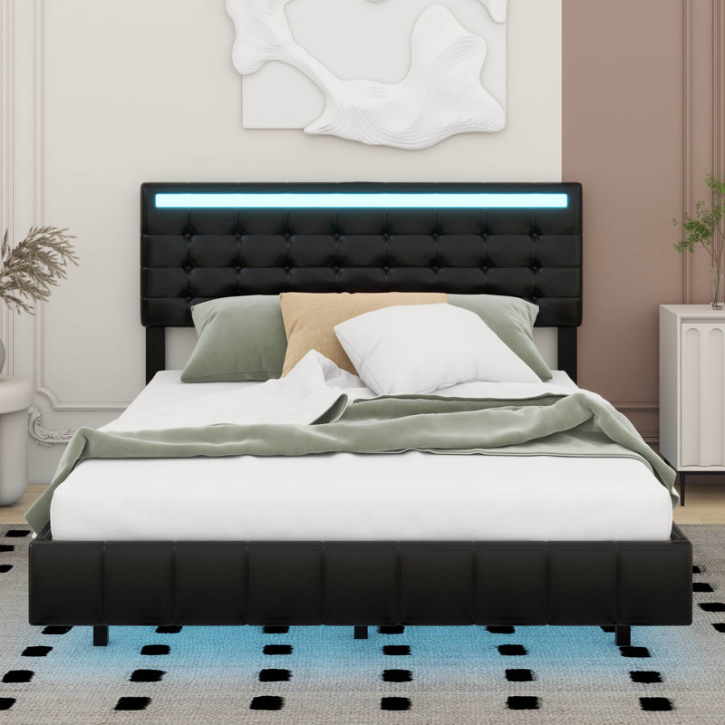 Cadre de lit flottant pleine grandeur Keontre avec lumières DEL et charge USB, Noir