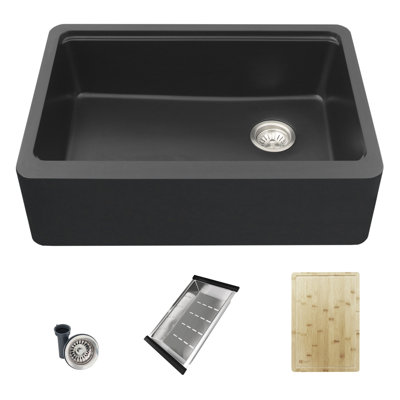 Stylish Undermount 30" Single Bowl Black Composite Granite Apron Kitchen Sink