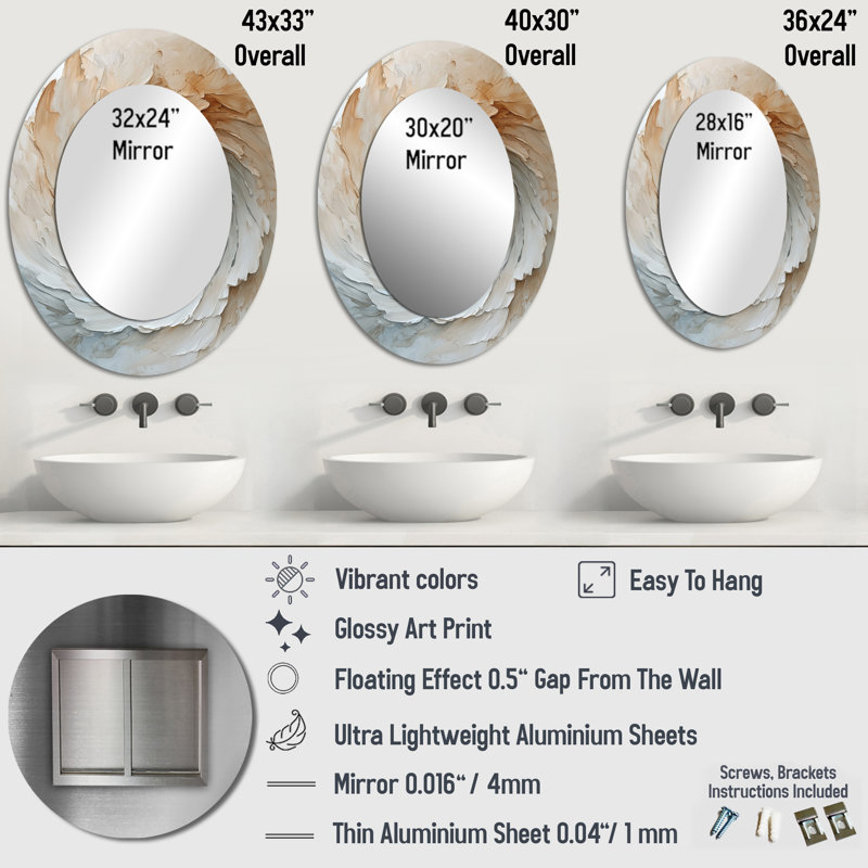 Abstract Beige Spiraling Emotions I - White Modern Oval Wall Mirror, 36" x 24"