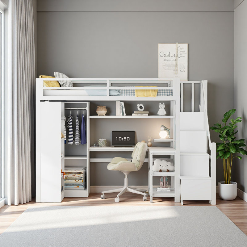 Lit mezzanine simple en métal avec bureau, ports USB, tablette à 5 couches, garde-robe et escalier