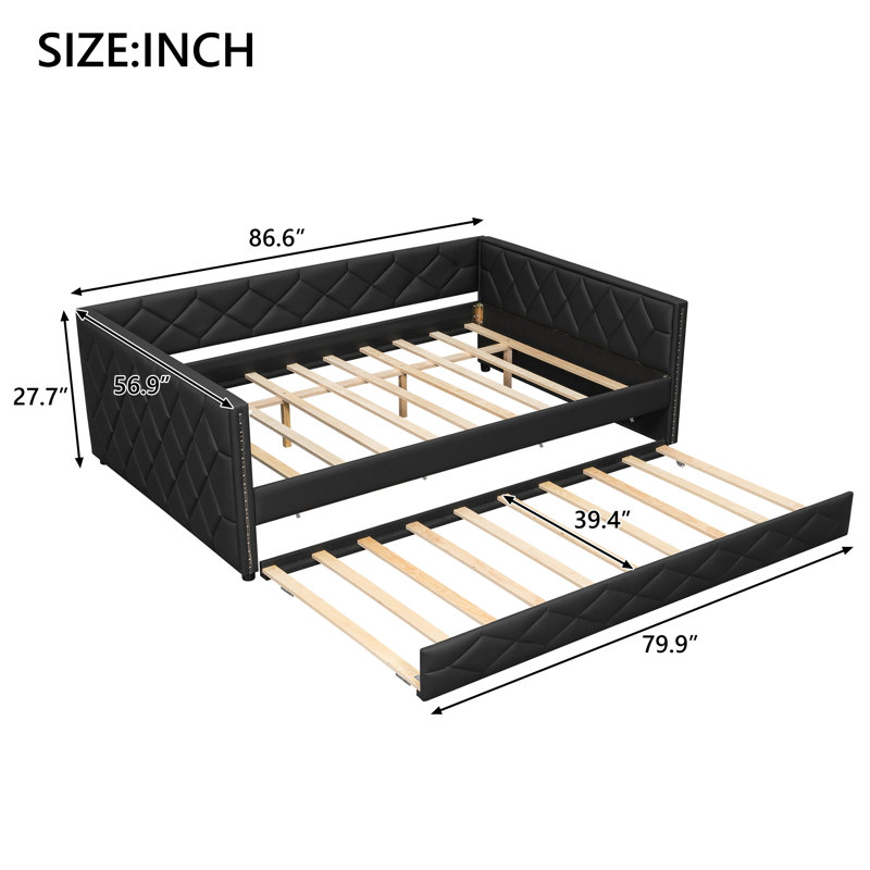 Full XL Upholstered Daybed with Trundle & LED Armrests – Multi-Functional Sofa Bed for Kids & Guests, Black, Black