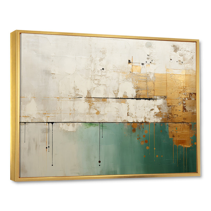 Minimalisme doré et bleu sarcelle horizon II - art abstrait sur toile, Cadre flottant doré, H 34 po x l 44 po x P 1,5 po