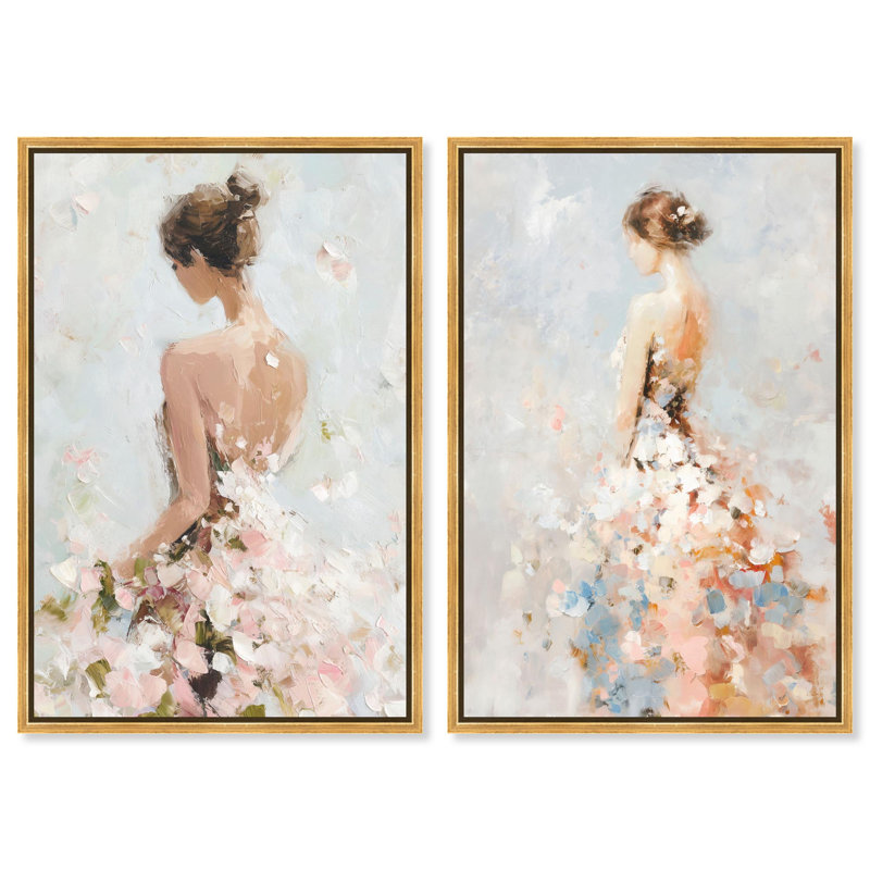 "Dreamscape Glam Art", ensemble de 2 impressions sur toile par , Impression dans un cadre flottant sans passe-parto, Doré
