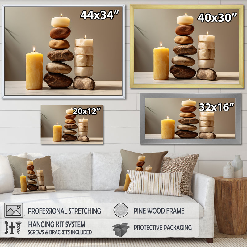 Zen Harmony Balancing Cairn Stones sur toile, Cadre naturel flottant, H 24 po x l 32 po x P 1 po
