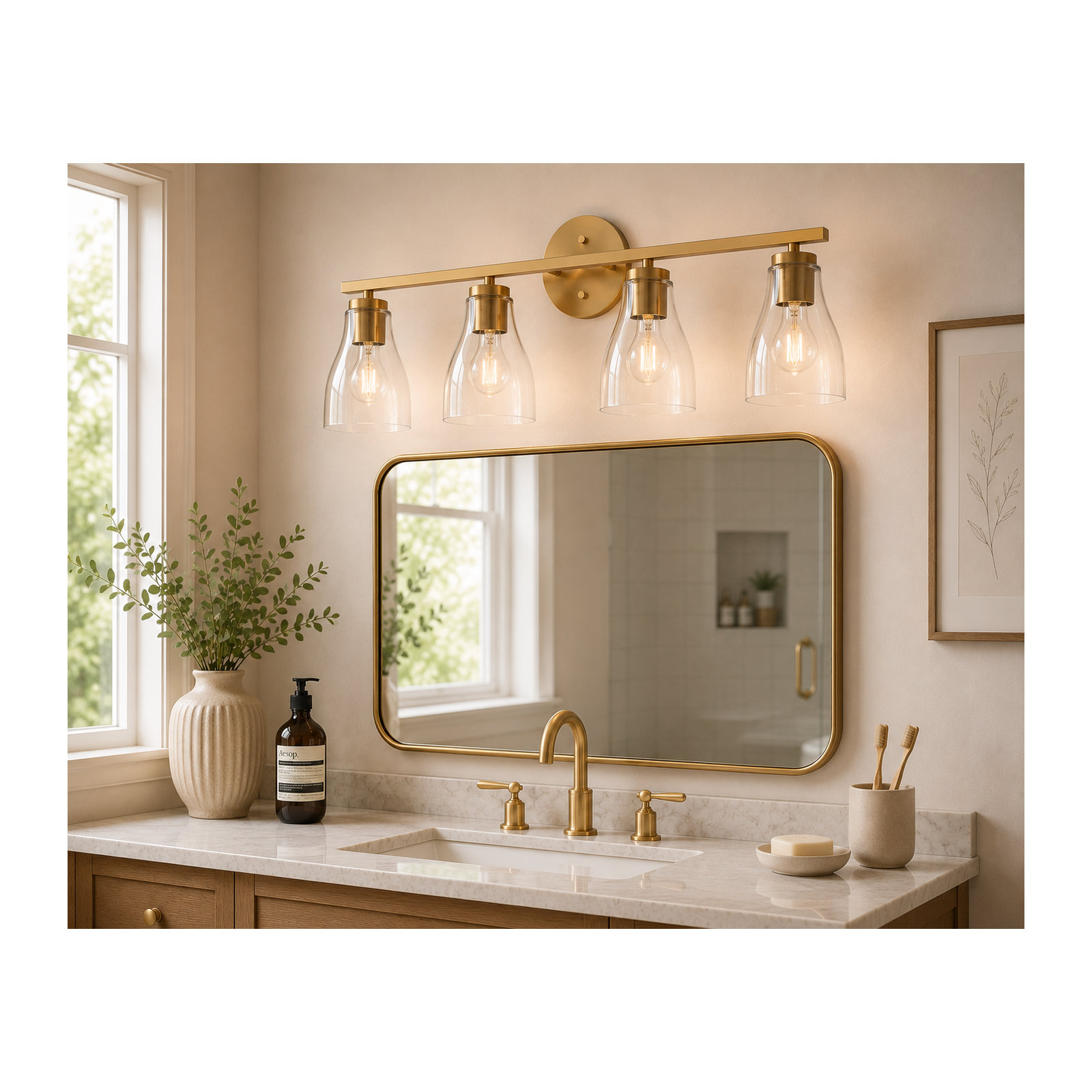 Modern Clear Glass Shade Vanity Wall Light With Steel Frame, Gold, 10" H x 31.7" W x 6.5" D, 4 Lights