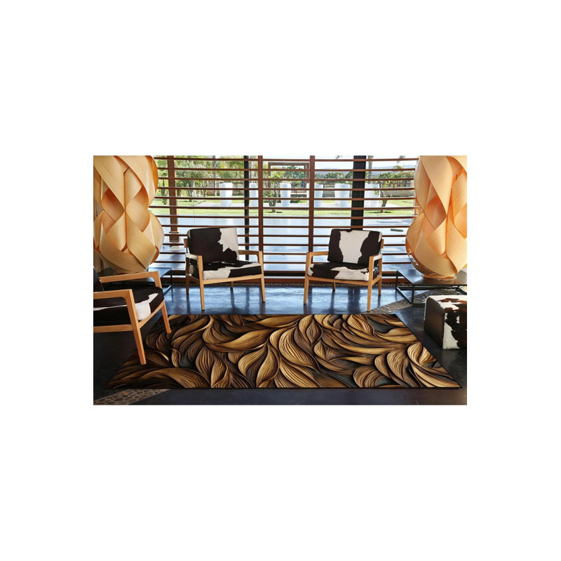 Brown Leaf Woven Based Washable Carpet, Rectangle 3'4" x 6'7"