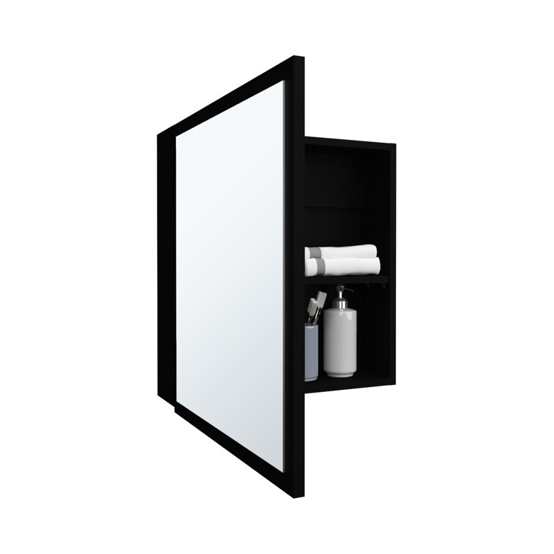 Armoire de salle de bain avec miroir H 21,1 po x l 19,7 po, noir, 4 tablettes intérieures et porte-serviettes noir, Noir