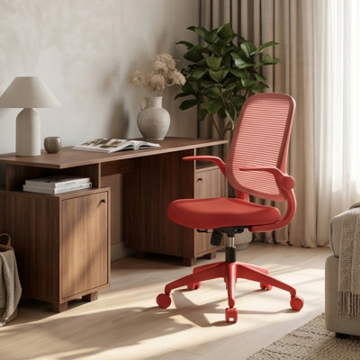 Ergonomic Mesh Office Chair - Red, 500lbs Capacity, Flip-Up Armrests, Height Adjustable, Breathable Back