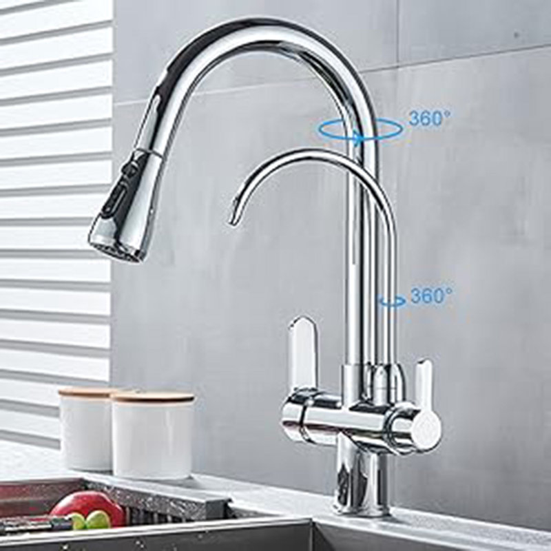Robinet d'évier de cuisine avec douchette extractible 2 poignées 3 en 1, Chrome chrome