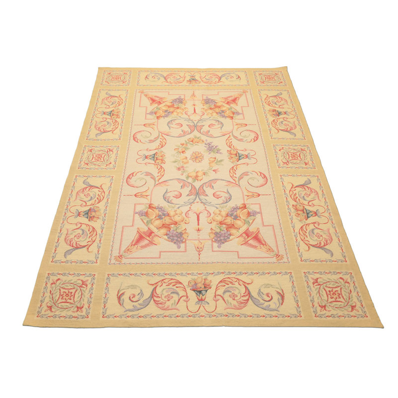 Tapis traditionnel beige en laine noué à la main 6 pi 8 po 2 po Aubusson