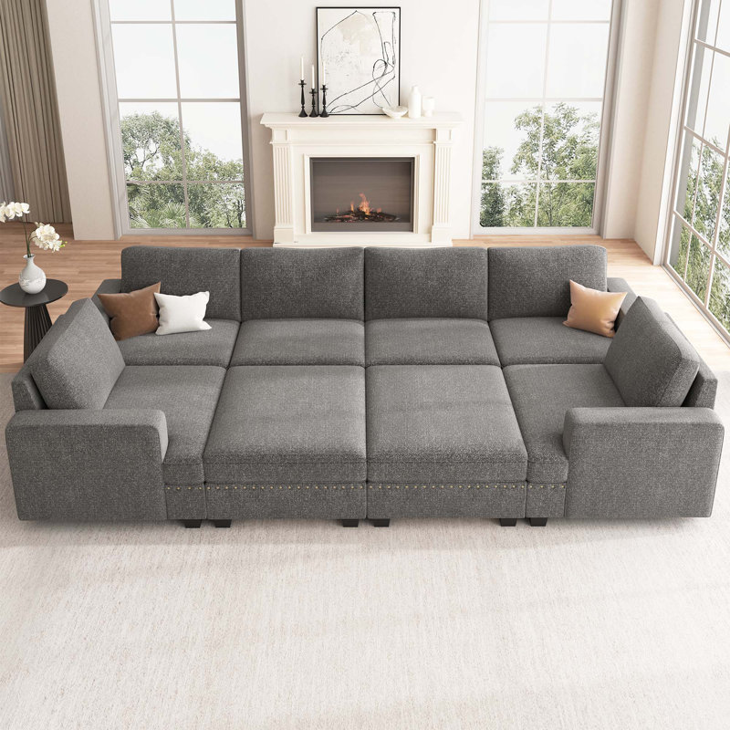 Canapé-lit modulaire en U avec espace de rangement Anureet, Polyester gris clair, H 35 po x l 120,6 po x P 65 po