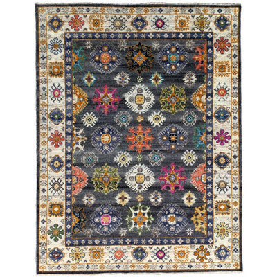 Tapis traditionnel gris en laine noué à la main gris anthracite Lila