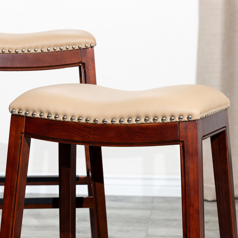 Tabouret de 30 po en cerisier, siège en cuir os - et tabouret d'apparence élégante avec une qualité durable, Beige, Cerisier