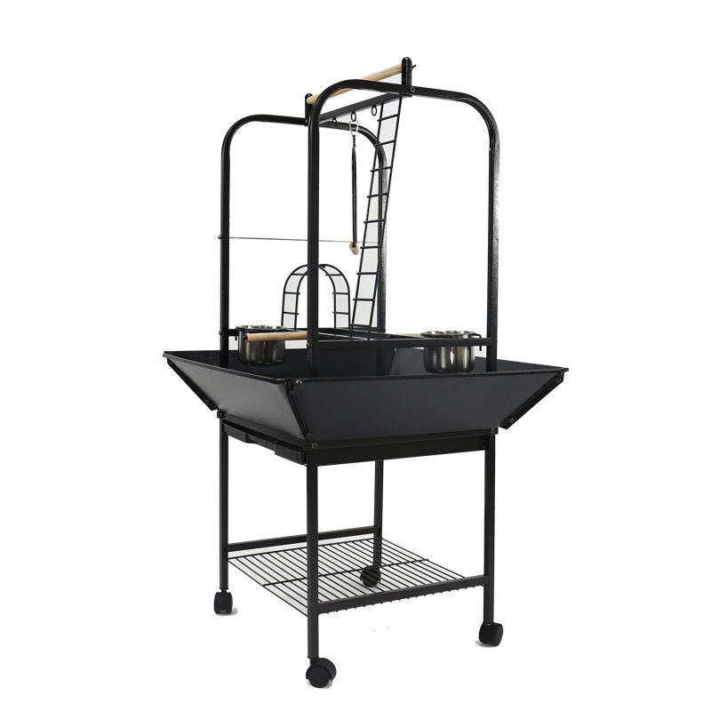 Black Metal Parrot Play Stand with Ladders and Toy Hooks