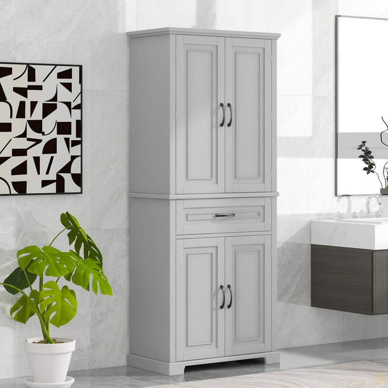 Armoire de rangement pour salle de bain avec portes et tiroir, plusieurs espaces de rangement, tablette réglable, Gris