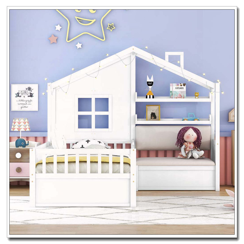 Lit simple avec canapé, 2 tiroirs et tablette de rangement pour enfants, blanc
