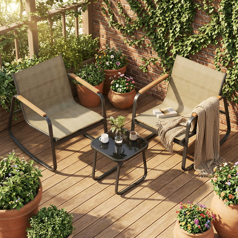 Outdoor Rocking Chair Set, 3-Piece Conversation Patio Furniture With Table, Steel Frame, Armrests, Brown