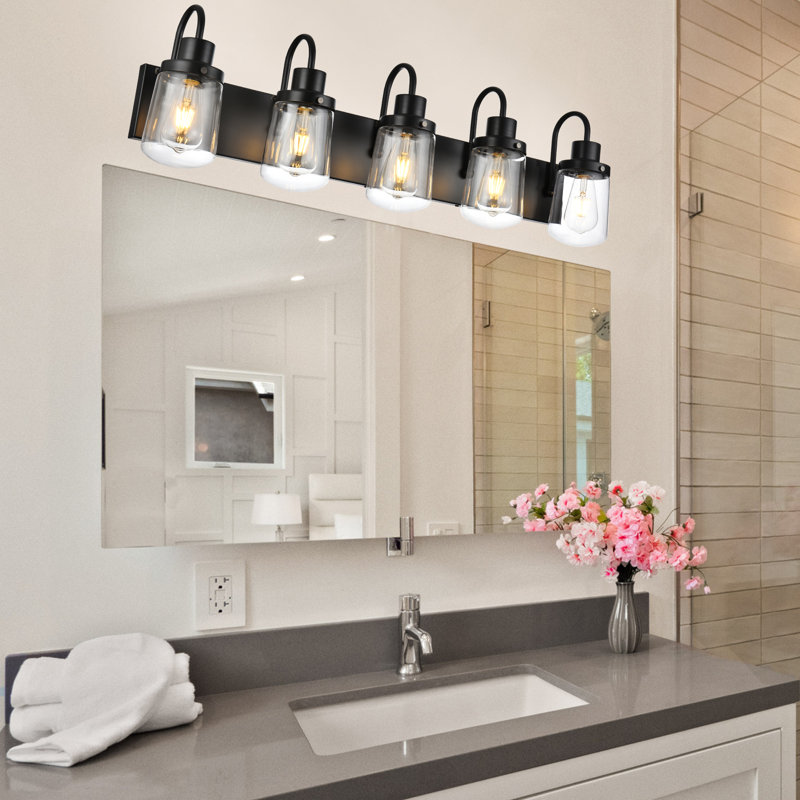 Luminaire de salle de bain moderne à 5 lumières, miroir de salle de bain avec abat-jour en verre transparent et base en métal, noir mat.