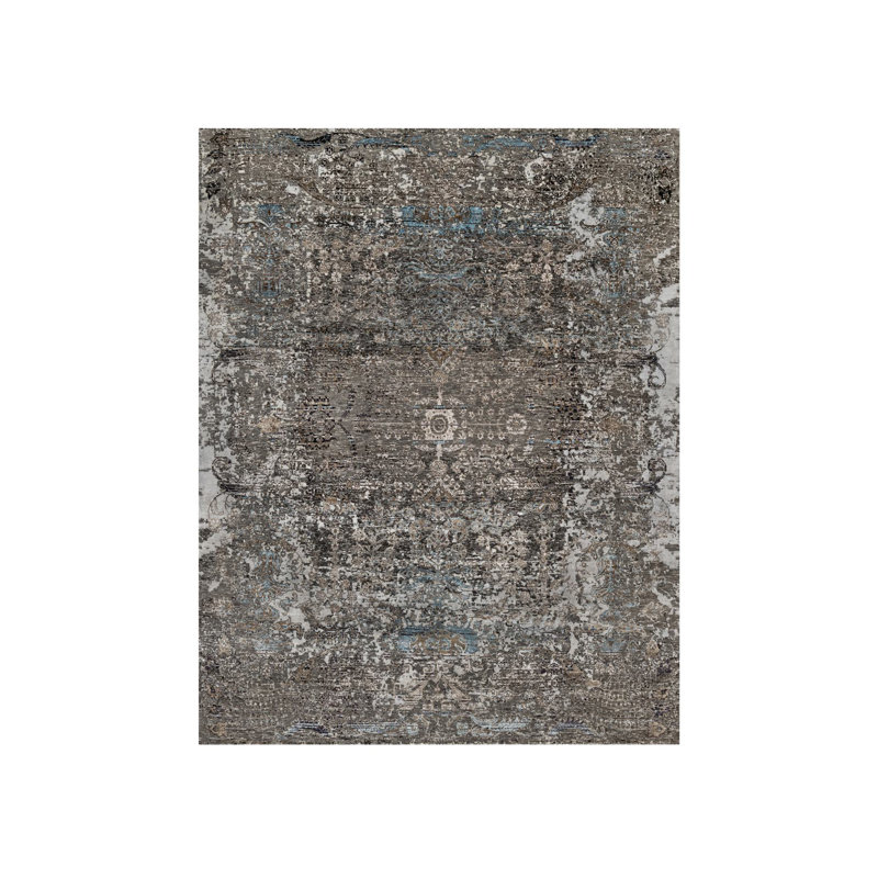 8'x9'10" Intense Grey Transitional Erased Silk with Wool Hand Knotted Rug 8ED4101A096A4C41A40EEBD9B2858636