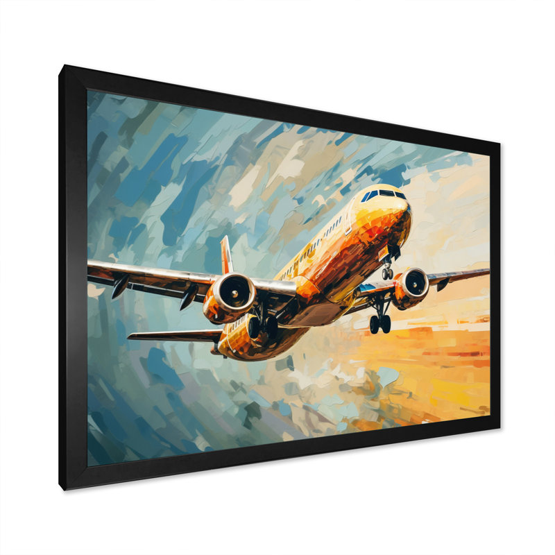 Avion bleu sarcelle sous un nuage abstrait sur toile, H 12 po x l 20 po x P 1 po, Cadre simple noir