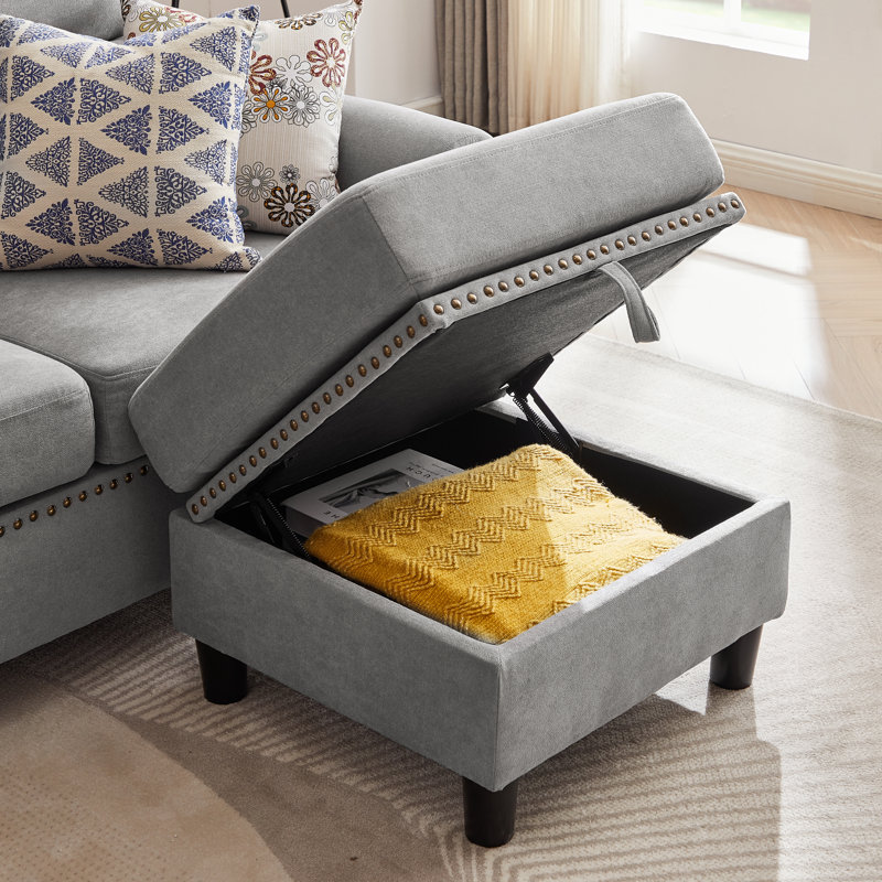 Canapé modulaire réversible en L de 106,69 po à 4 places avec sacs de rangement latéraux Gallott, 100 % coton gris clair