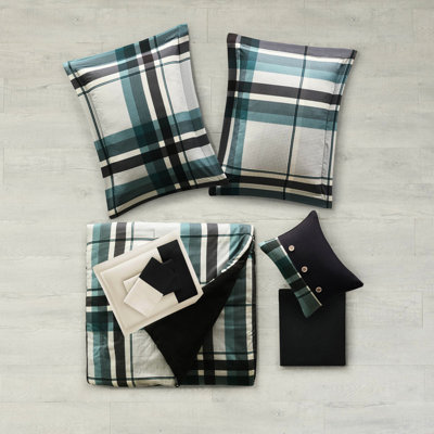 7 Pcs Twin Xl Teal/Black Microfiber Plaid Comforter And Bed Sheet - With Comforter, Shams, Pillow, Flat Sheet, Fitted Pillowcases, , , Machine Washable Piece Color, Contrasting On Washable,