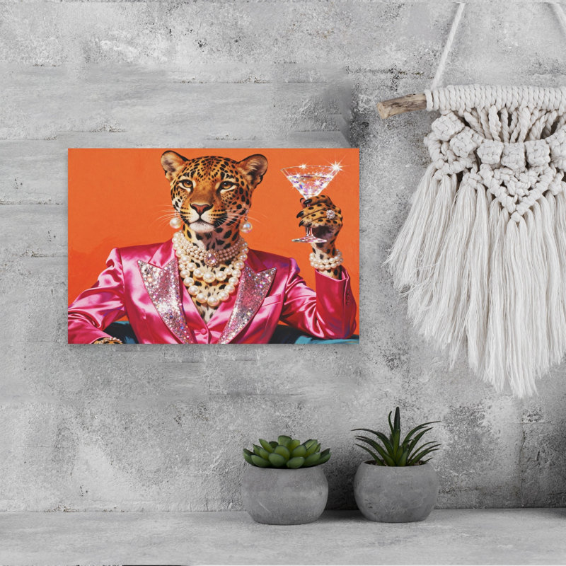 Party Leopard Surreal Contemporary Cat Animal Wall Art Print 1 Piece Wrapped Canvas Wall Art, 30.48cm H x 45.72cm W