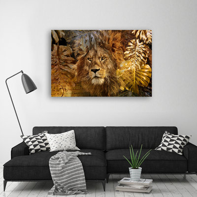 Lion And Monstera Golden Leaves - Wrapped Canvas Print