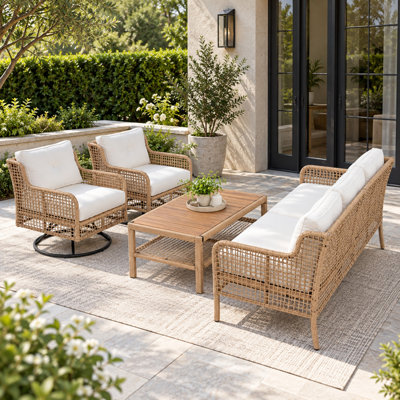 Ensemble de conversation d'extérieur 4 pièces en résine tressée PE avec fauteuils à bascule pivotants et table basse en bois massif