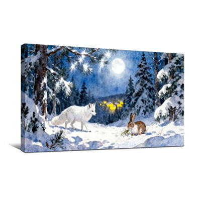 Noël hiver forêt renard et lapin au clair de lune