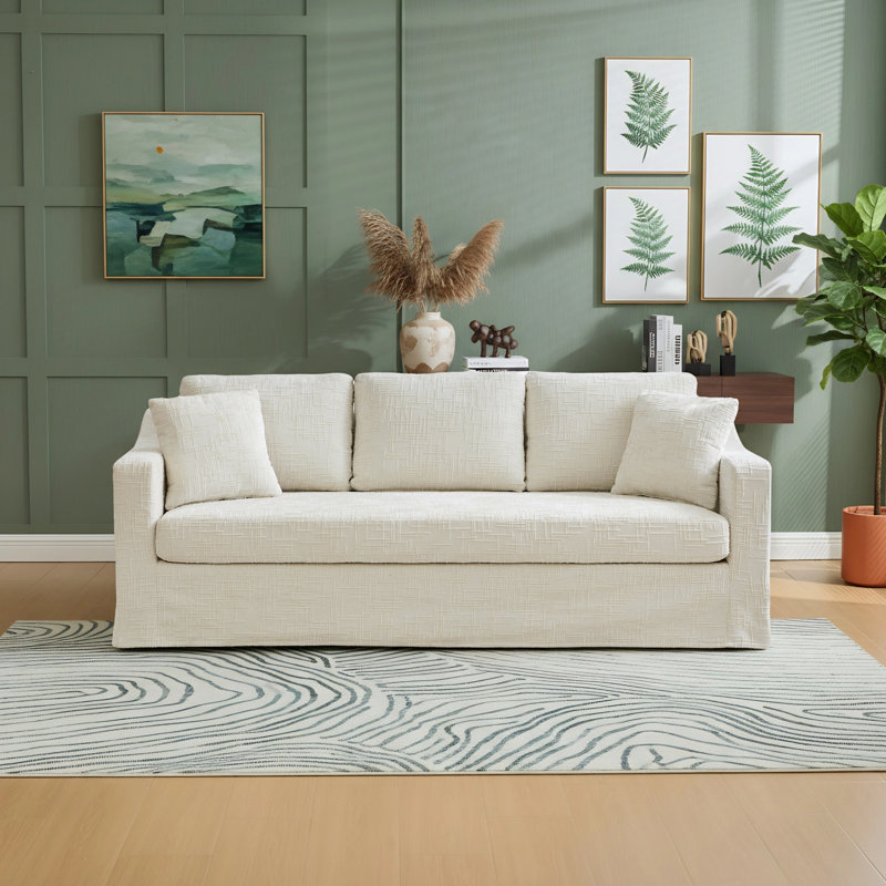 84"W 3-Seats Slipcovered Sofa With 2 Pillows, Beige