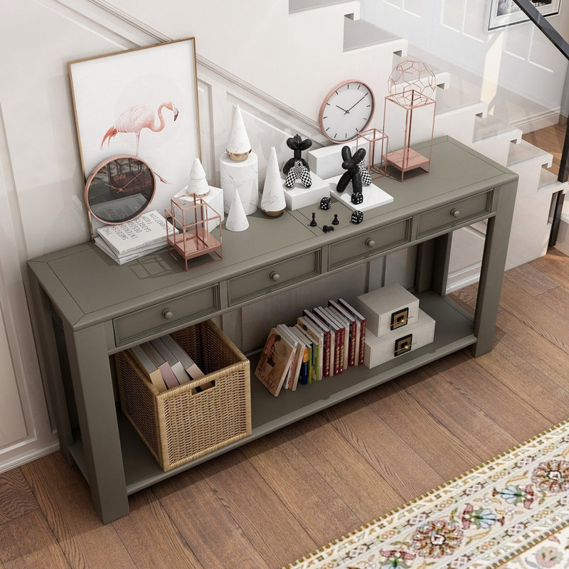 Console Table/Sofa Table with Storage Drawers and Bottom Shelf for Entryway Hallway, Khaki