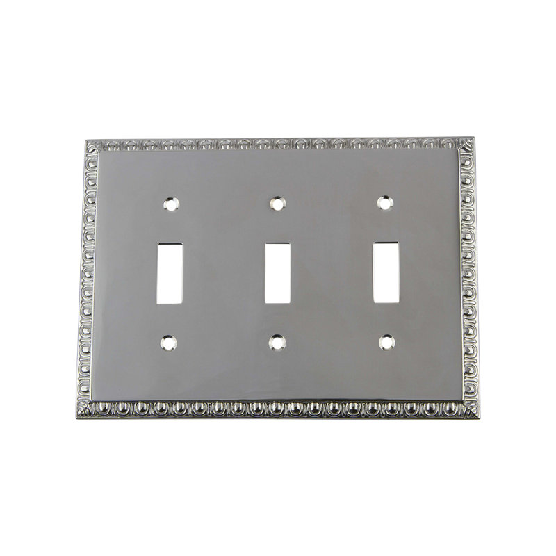 Egg and Dart 3-Gang Toggle Light Switch Wall Plate, Bright Chrome