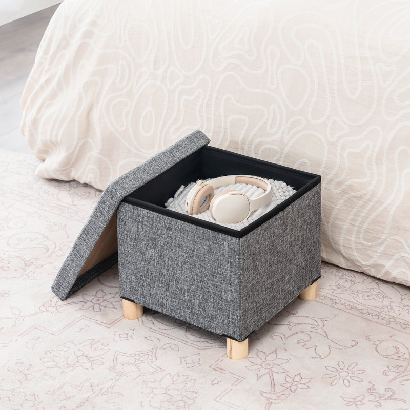 Folding Storage Ottoman With Tray Top And Wooden Legs, Gray