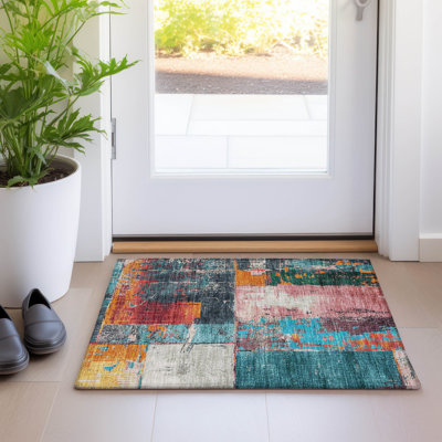Tapis bleu sarcelle lavable à la machine intérieur / extérieur Xhevrie