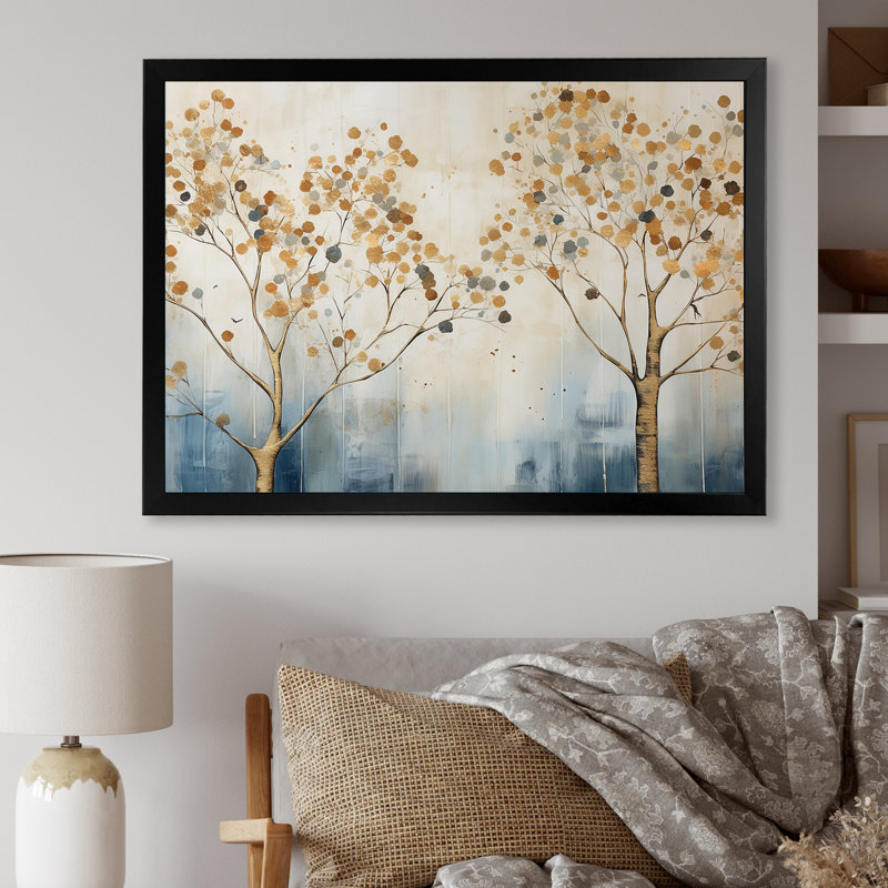 Harmonie des arbres dorés et bleus II sur toile, Cadre simple noir, H 24 po x l 32 po x P 1 po