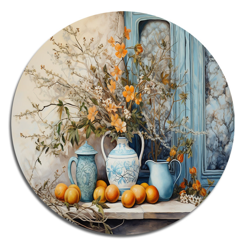 Vase à fleurs oranges campagnard - Art floral rond en métal, H 36 po x l 36 po