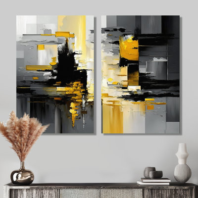 Abstrait géométrique noir et jaune - reproduction d'art sur toile géométrique abstraite, décoration murale abstraite noire 2 pièces