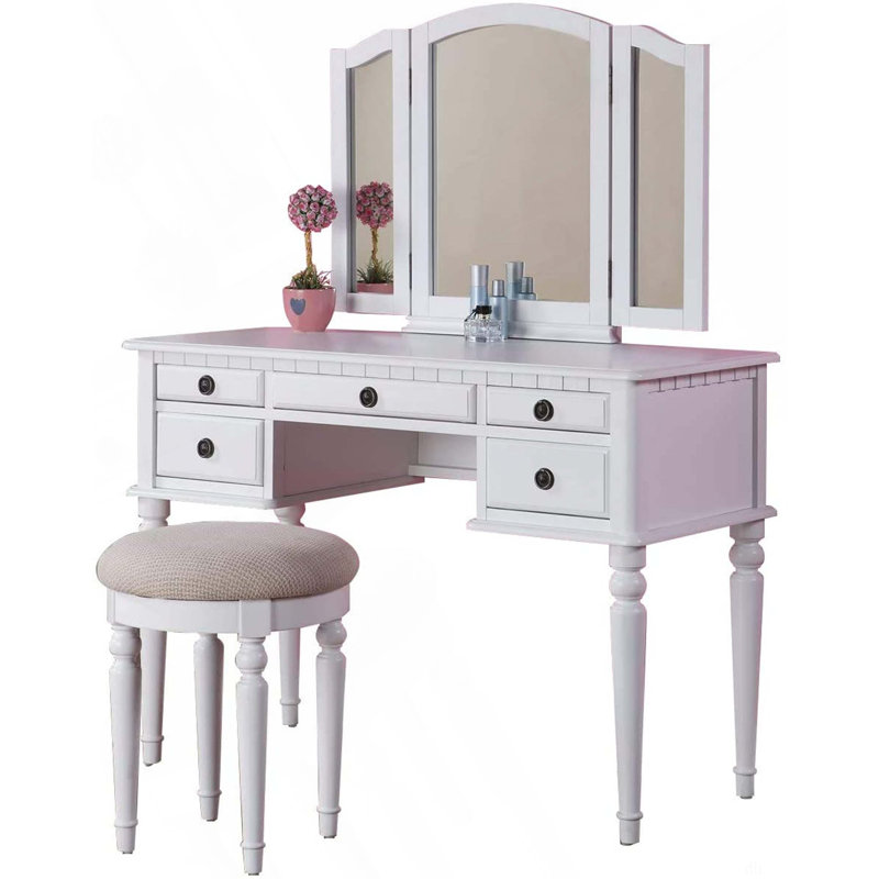 Bedroom Contemporary Vanity Set W Foldable Mirror Stool Drawers, White