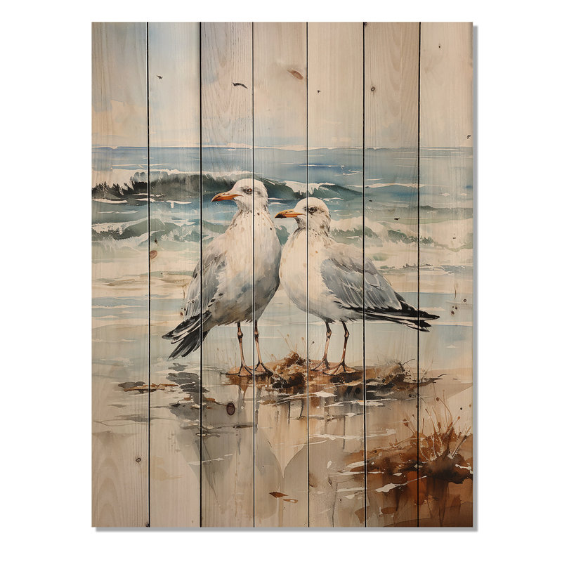 Abstrait de mouettes de plage amoureux, impression sur bois naturel, H 40 po x l 30 po x P 0,78 po