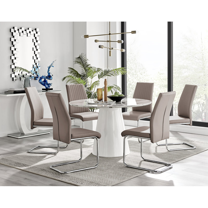 Edward Statement Pedestal Dining Table Set with 6 Luxury Faux Leather Upholstered Dining Chairs, Cappuccino