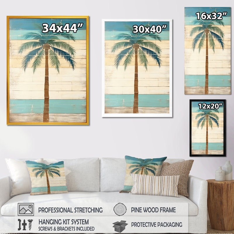 «Tropical Palm Tree In Faded Retro Colors I», art mural sur toile Meadow, H 20 po x l 12 po, Cadre flottant blanc