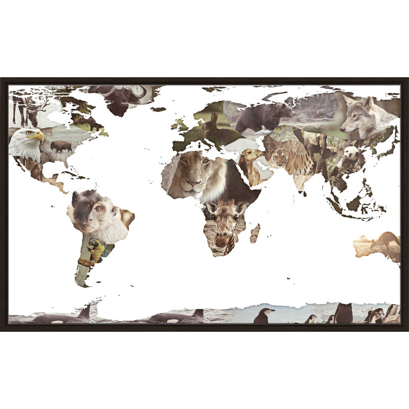 «World Animals Map», impression, H 21,5 po x l 33,5 po x P 2 po, Cadre flottant espresso