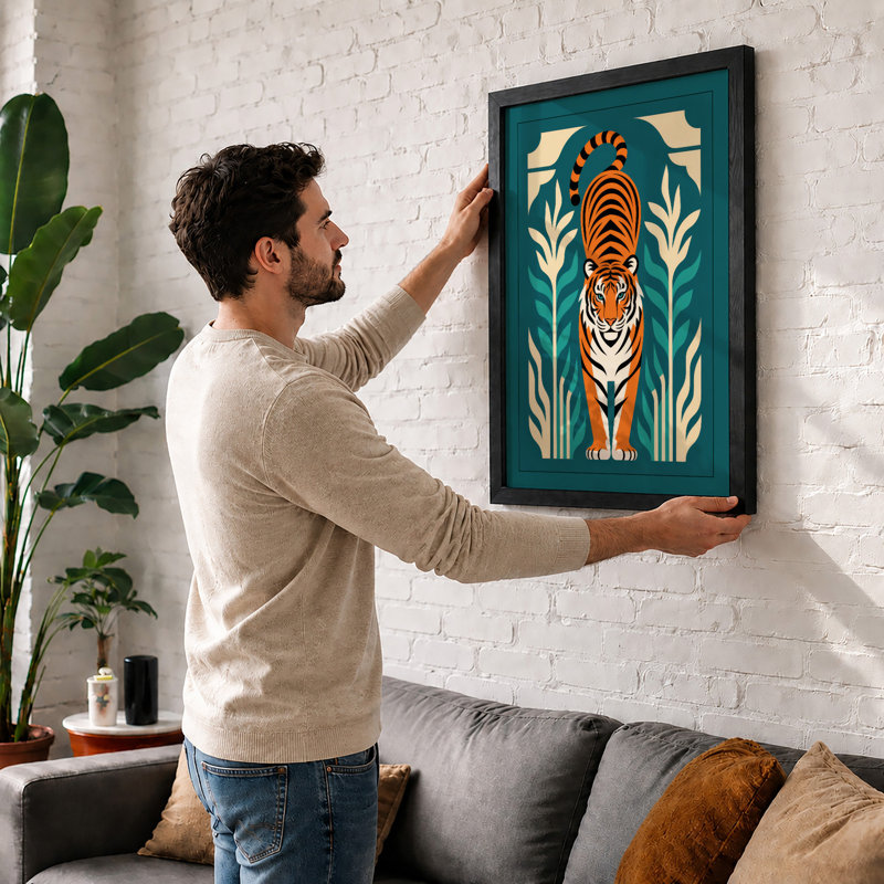 Tiger in Symmetry Art Deco - Framed Print, Walnut, A3 - 42.0 x 29.7 cm