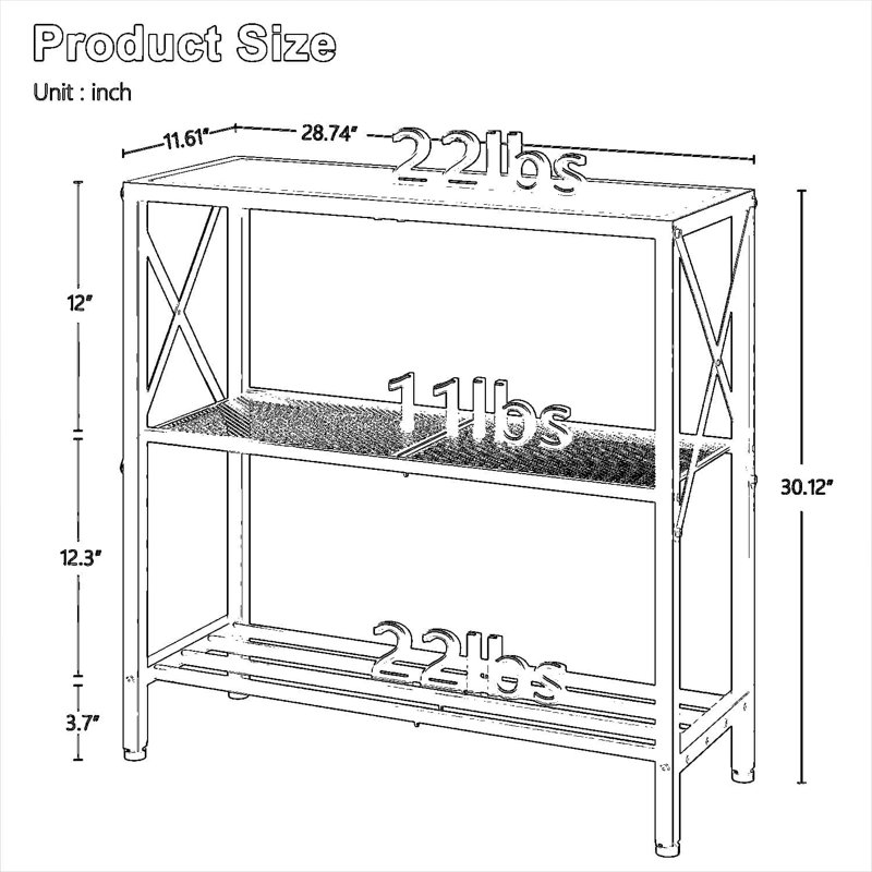Console industrielle avec tablettes à 3 niveaux, canapé à structure en métal pour l'entrée, le salon, le vestibule et le couloir