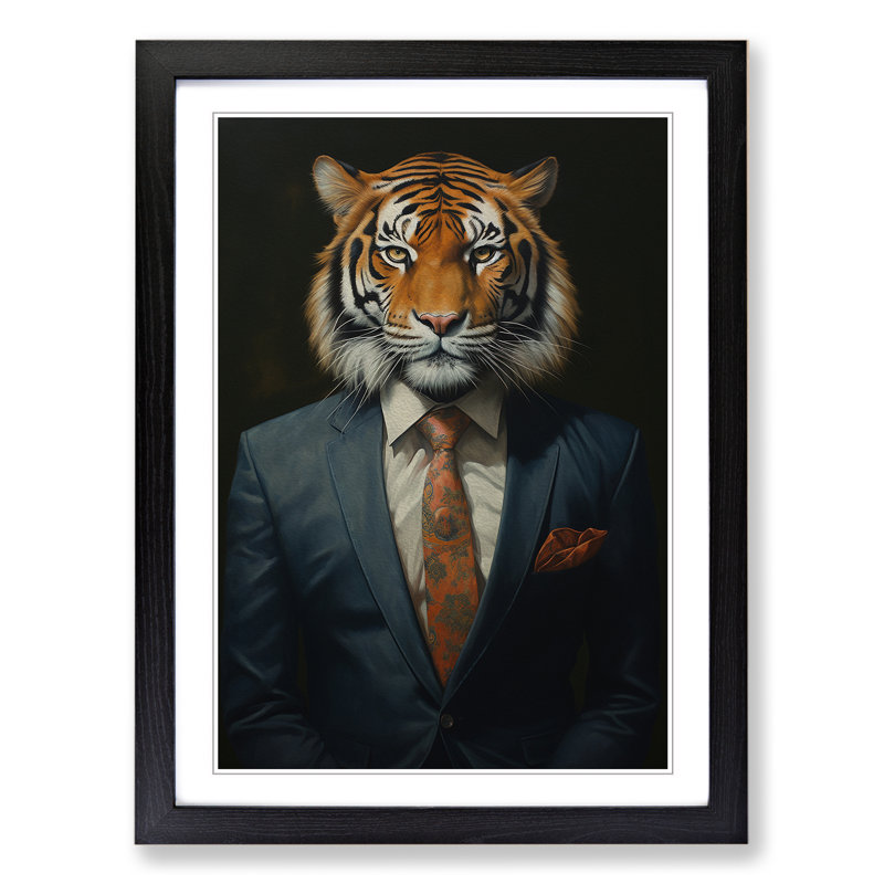 Tiger In A Suit Painting - Single Picture Frame Print on Wood, 46cm H x 34cm W x 2cm D, Black