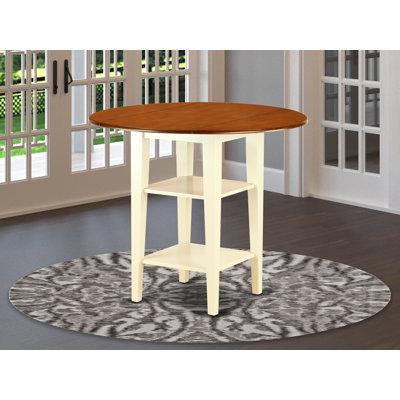 Sudbury Counter Height Dining Table - a Round Dinner Table Top with Dropleaf & 2 shelves, Buttermilk & Cherry