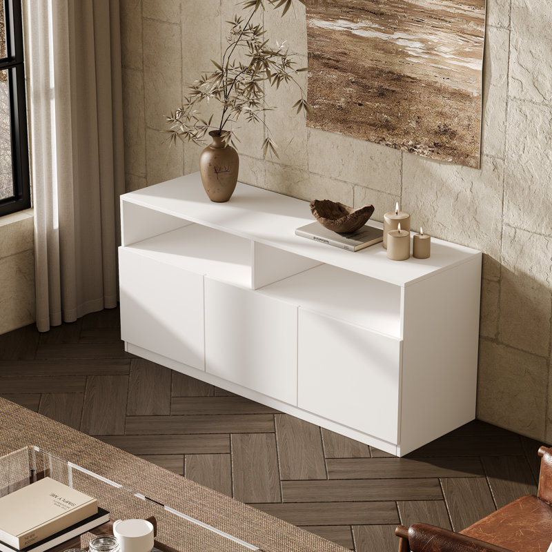 Meuble télé blanc 47,2 po pour téléviseur de 50 po, console multimédia compacte en bois moderne avec armoires de rangement et gestion des câbles pour les petits espaces de la chambre à coucher du salon