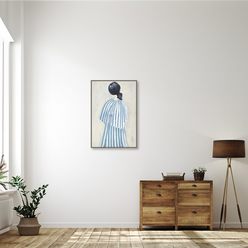 Blue Striped Dress Contemplative Woman Framed Canvas Art Print